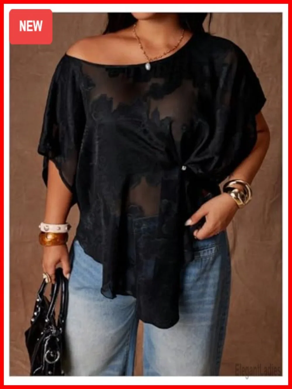 Plus Size Mesh Off Shoulder Asymmetrical Chiffon Blouse